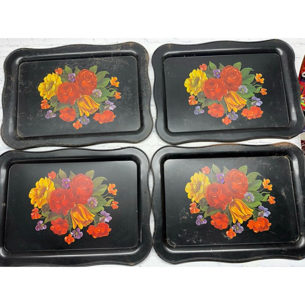 Vintage Lithographed Tinware Black Metal Floral Serving Bed Tray- Set of 6!